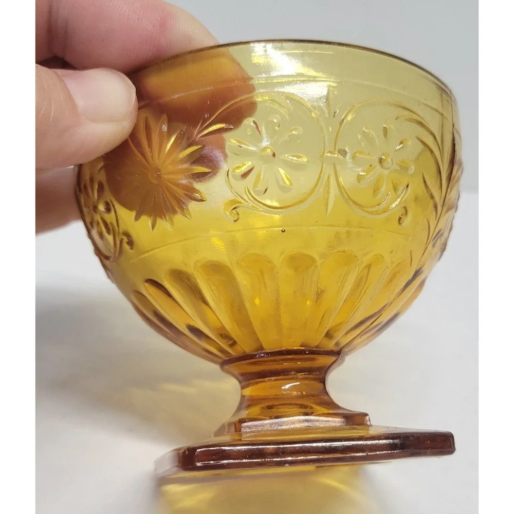 Vintage Amber‎ Depression Glass Floral Sherbet Cup Square Pedestal Dessert Bowl